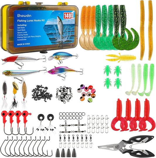 Fishing Lures Hooks Kit, Fishing Gear Tackle Box Kit with Pliers, Bionic Baits,Spoon Lures, Hooks, Weights Freshwater, Saltwater and Accessories for Men Women Kids Fishing Tackles Gift