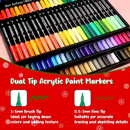 72 Colors Acrylic Paint Markers, Dual Tip with Fine Tip and Brush Tip Pens for Stone, Wood, Calligraphy, Canvas, Ceramic, Metal, Glass, Rock Painting, DIY Crafts