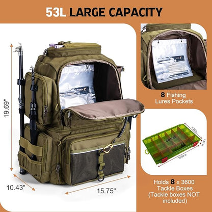Goture Fishing Backpack, 53L 600D Water-Resistant Insulated Tackle Backpack with Cooler, Rod Holders, 8 Lure Pockets, Rain Cover, Gear Storage Large Fishing Bag for Camping Hiking(Without Tackle Box)