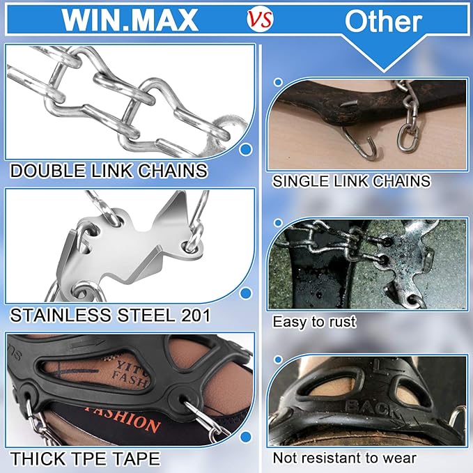 WIN.MAX Crampons for Shoes, Traction Cleats Ice Snow Grips with 19 Stainless Steel Spikes, Shoe Talons Anti - Slip Boots Spikes for Walking, Jogging, Climbing and Hiking