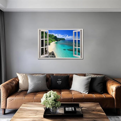 ANRUOXI Beach Window Canvas Wall Art, Enclosed Bedroom Living Room Ocean Coastal Channel Scene Picture, Tropical Sea Landscape Painting Print Artwork Horizontal Seascape Artwork for Bedroom 28x40 Inch