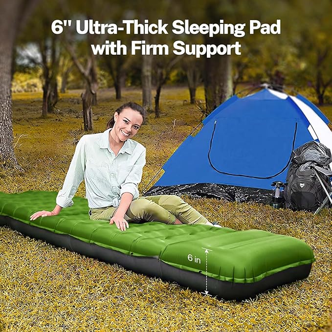 OGERY Sleeping Pad for Camping, 6" Extra-Thick Reinforced Camping Sleeping Pad with Pillows & Built-in Foot Pump, Ultralight Self Inflating Air Mattress Mat for Tent Hiking Essentials Gear
