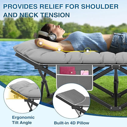 ZENPETIO Camping Cots for Adults, Portable Folding Sleeping Cot with Carry Bag, 1200D Double Layer Oxford Ultra Soft Cot Bed with Mattress, Tent Cot for Travel Office Hospital, Support 500lbs, Gray