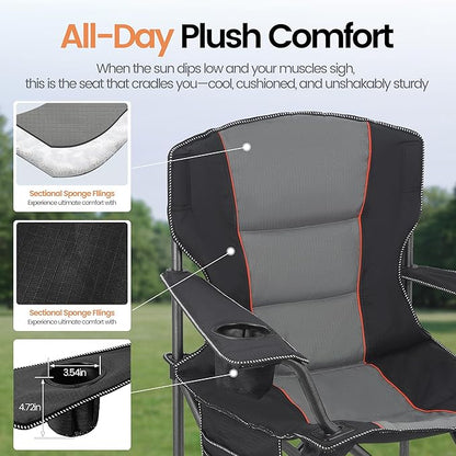 2 Pack Heavy Duty Oversized Camping Chair for Adults 400lbs w/Lumbar Support - Folding Chairs with Side Pocket, Cup Holder & Cooler Bag for Beach, Fishing, Lawn, Backyard Black