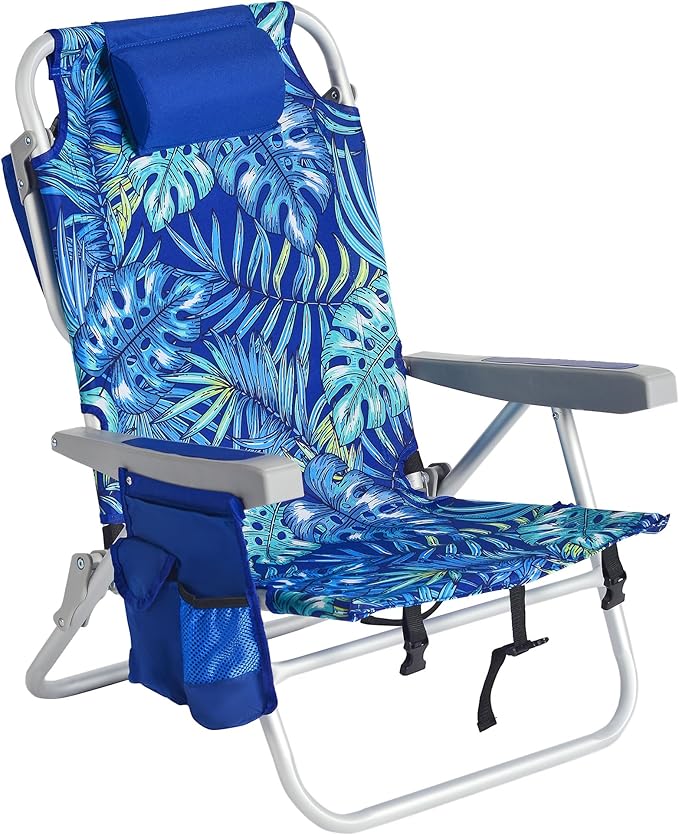 SUNNYFEEL Low Beach Chairs for Adults 5 Position Lay Flat, Portable Folding Backpack Beach Chair Heavy Duty with Cooler Bag, Cup Holder for Outdoor/Lawn/Picnic, Foldable Camping Chair