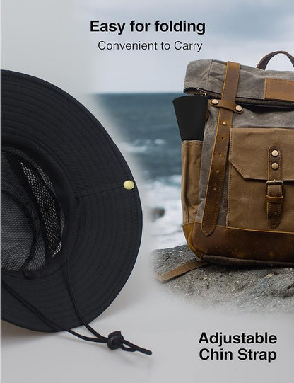 Men's Sun Hat Outdoor UPF50+ Mesh Wide Brim Bucket Safari Cap Foldable Waterproof Boonie Fishing Hats