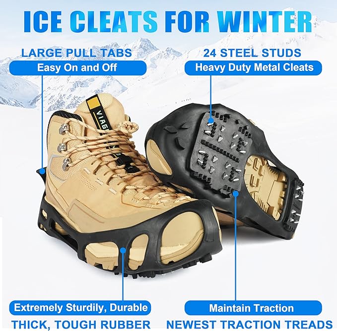 Ice Cleats Snow Traction Cleats for Shoes and Boots Anti Slip Ice Grippers Crampons for Hiking Boots Women Men Rubber Overshoe Slip-on Stretch Footwear