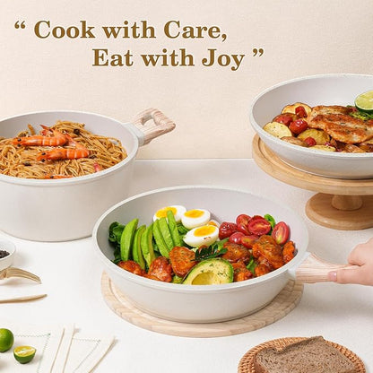 12 Pcs Pots and Pans Set, Nonstick Cookware Sets White Granite Induction Cookware, Non-toxic Healthy Non Stick Kitchen Cooking Set with Frying Pans Set, Saucepans,Steamer (PFAS, PFOA, PFOS Free)