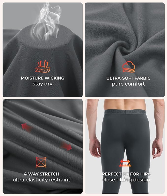 Men's Lightweight Thermal Underwear Bottoms Fleece Lined Long Johns for Men Base Layer Pants for Cold Weather