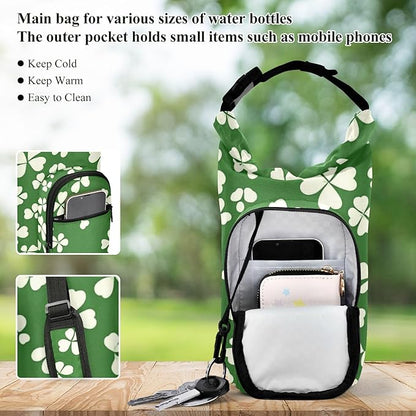 St. Patrick's Day Clovers White Water Bottle Holder with Strap Insulated Water Bottle Carrier Crossbody Bags Pouch with Phone Pocket for Travel Gym Hiking Walking Running