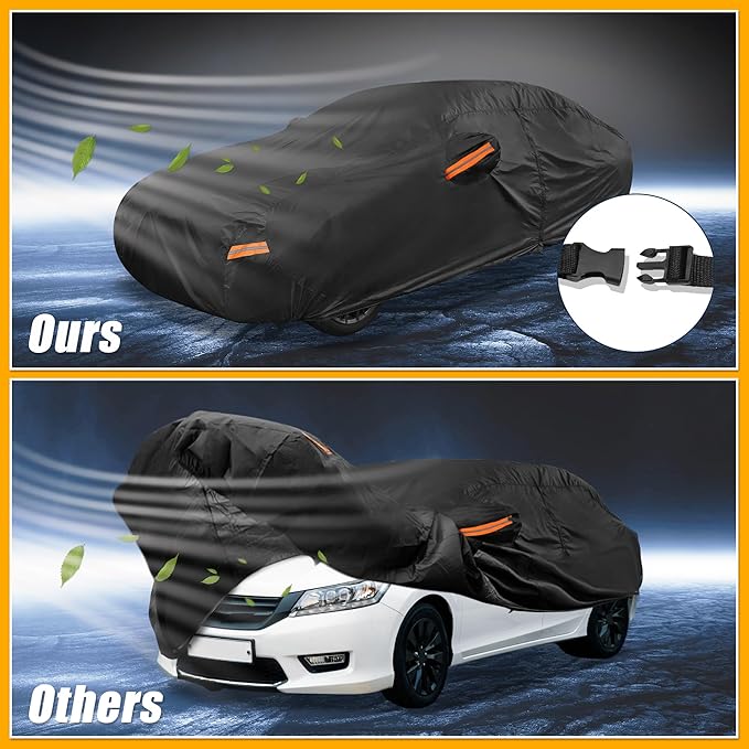 Universal Car Cover Waterproof All Weather 210D-PU, UV Sun Rain Protection, Fits for Sedan Length 199"-208", with Left Side Zipper, Black