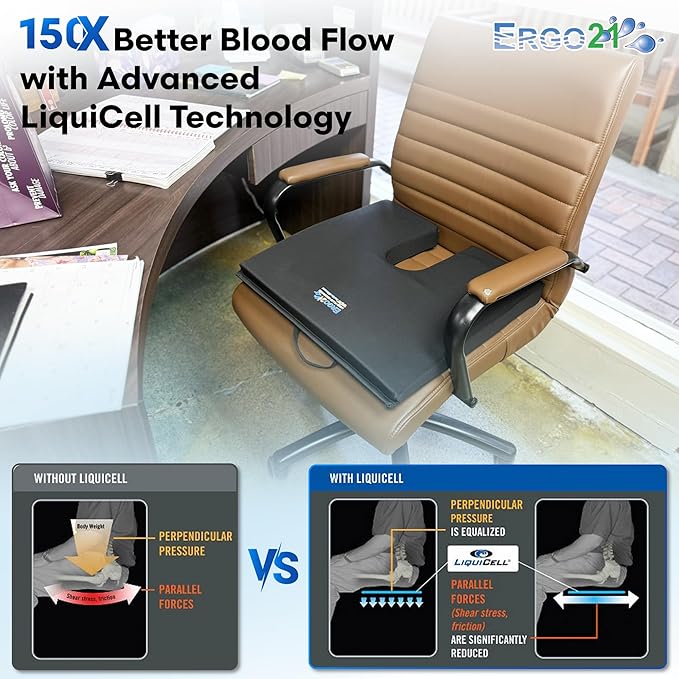 ERGO21 LiquiCell Coccyx Seat Cushion, Aid for Tailbone Pain Relief, Sciatica Pain, Back Support | Donut Like Butt Pillow for Long Hours Sitting at Home/Office Chair (20" W x 18" L x 2.5" H)