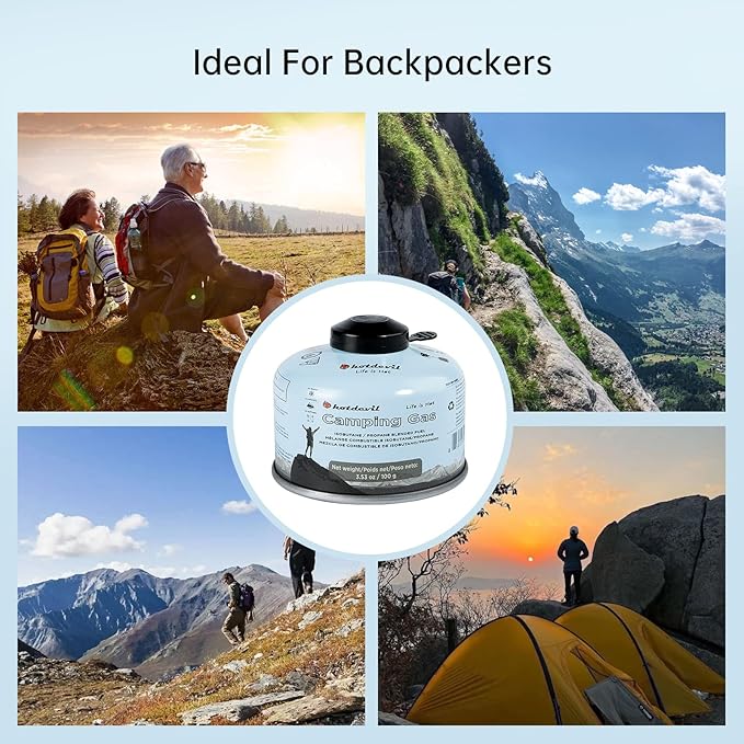 Hotdevil Isobutane Fuel Canister 100 Gram Camping Stove Fuel Butane Propane Blend Camping Fuel Gas Canister Backpacking Fuel Light-weight Compact Camping Fuel Mini Propane Tanks Camp Stove Fuel 3.53oz