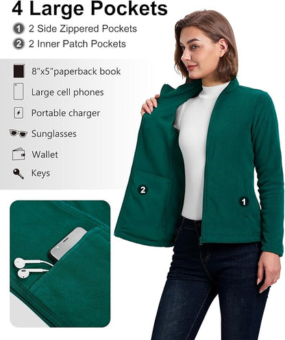 33,000ft Women's Zip Up Fleece Jacket, Long Sleeve Warm Soft Polar Lightweight Coat with Pockets for Winter