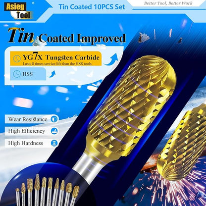 Carbide Burrs TiN Set with 1/4''Shank Double Cut Solid Power Tools Tungsten Carbide Rotary Files Bits for Die Grinder Metal Wood Carving Engraving Polishing Drilling Grinding Milling Cutting 10pcs
