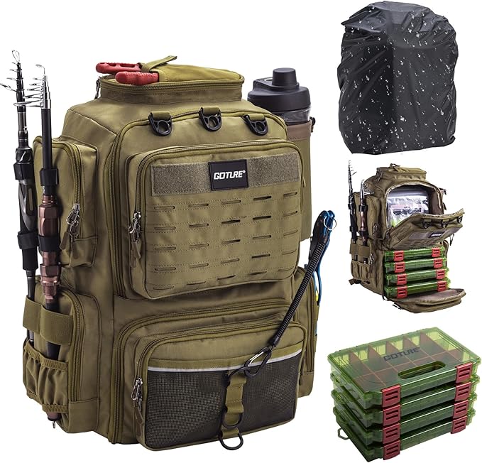 Goture Fishing Backpack with 4 Tackle Boxes,45L 600D Tackle Backpack with Rod Holders,8 Lure Pockets,Rain Cover,Large Fishing Bag Saltwater Gear Storage Bag for Camping Hiking