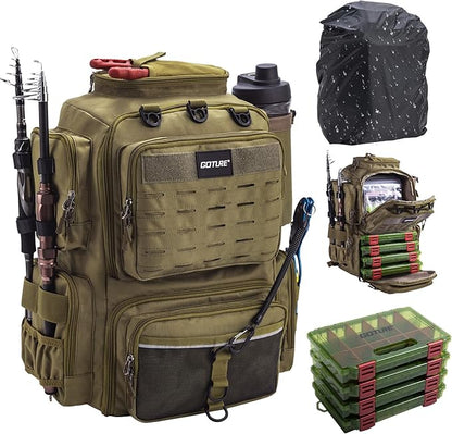 Goture Fishing Backpack with 4 Tackle Boxes,45L 600D Tackle Backpack with Rod Holders,8 Lure Pockets,Rain Cover,Large Fishing Bag Saltwater Gear Storage Bag for Camping Hiking