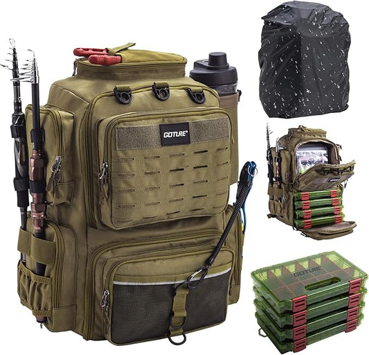 Goture Fishing Backpack with 4 Tackle Boxes,45L 600D Tackle Backpack with Rod Holders,8 Lure Pockets,Rain Cover,Large Fishing Bag Saltwater Gear Storage Bag for Camping Hiking