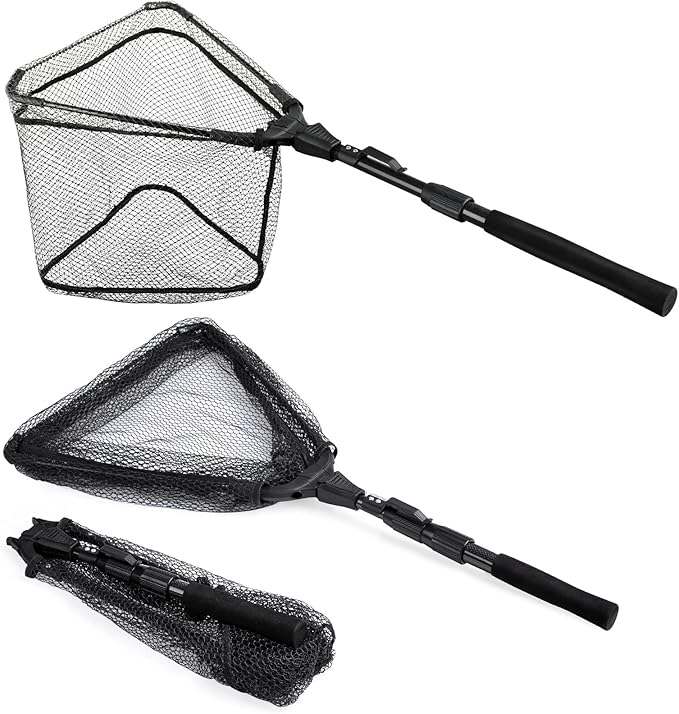 PLUSINNO Fishing Net Fish Landing Net, Foldable Collapsible Telescopic Pole Handle, Durable Nylon Material Mesh, Safe Fish Catching or Releasing