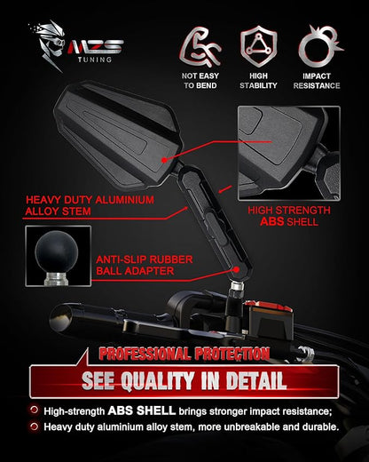 MZS Adventure Motorcycle Mirrors, 10mm 8mm Foldable Motorbike Rear View Handlebar Side Mirror with Aluminum Mount Black Fit for Street Dirt Electric Bike Ebike Scooter ATV Quad