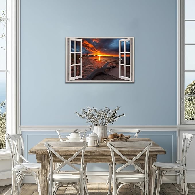 ANRUOXI Beach Window Canvas Wall Art, Bedroom Living Room Ocean Sunset Coastal Scene Picture, Tropical Sea Tree Landscape Painting Print Artwork Horizontal Seascape Artwork for Bedroom 24x36 Inch