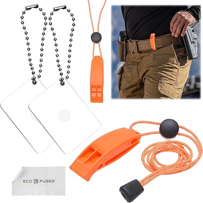 Eco-Fused 2X Survival Whistle and 2X Signal Mirror - Outdoor Survival Kit Rescue Flash Mirror - Clip-on Whistle with Lanyard - Backpacking, Camping, Marine Use, Outdoor Activities