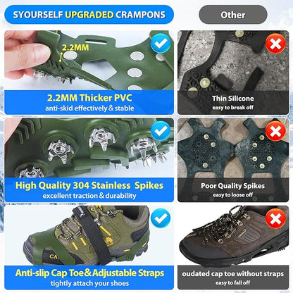 SYOURSELF Ice Cleats, Crampons Ice Cleats for Shoes and Boots Women Men Kids, Non Slip Grippers Spikes for Shoes with Straps, Ice Traction Cleats for Snow and Ice, Hiking, Walking, Fishing, Climbing