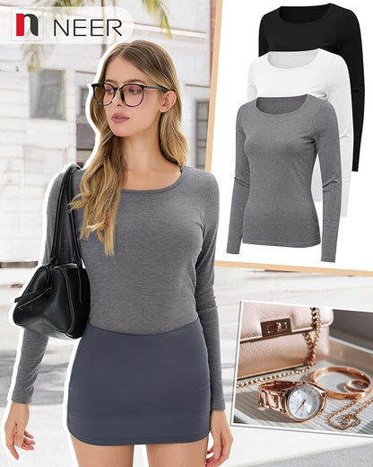 Neer 3 Pack Women's Thermal Shirts Long Sleeve Crew Neck Fleece Lined Undershirts Slim Fit Basic Tops Winter Base Layer
