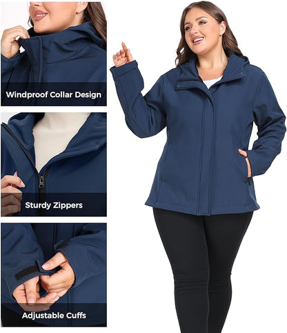 wantdo Women's Plus Size Softshell Jackets Hooded Warm Fleece Lined Windbreaker