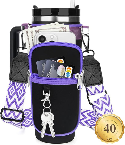 Water Bottle Carrier Bag with Strap for Stanley 40/30 oz Tumbler with Handle, Water Bottle Holder Pouch with Phone Pocket for Stanley Cup Accessories, fit Walking Hiking Travel