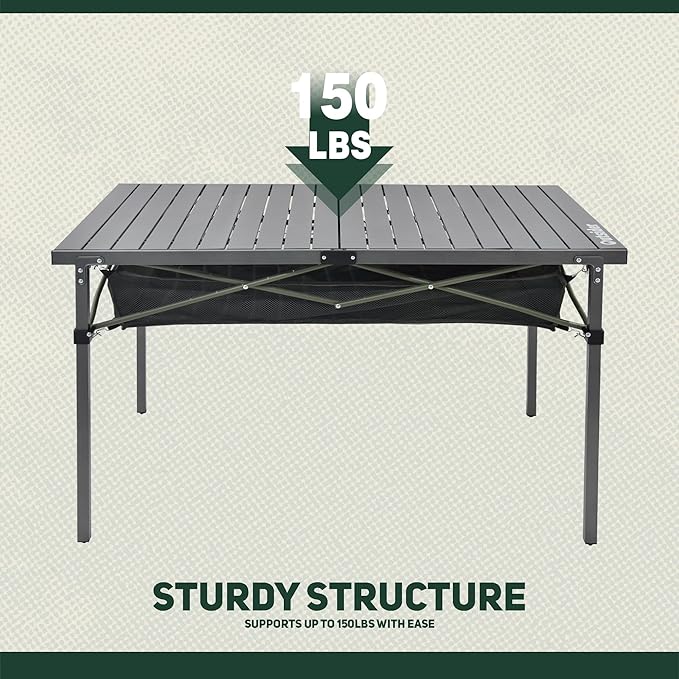 OUTSIDER Folding Camping Table, Portable Roll-up Outdoor Lightweight Aluminum Camp Table for Picnic BBQ Backyards Beach, Large Storage Mesh Pocket and Carrying Bag Included