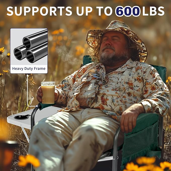 Slsy Oversized Heated Camping Chair, Portable Directors Chair with 3 Heat Levels, Heavy Duty Outdoor Heating Folding Chair Camp Chairs with Side Table, Pocket for Camping, Fishing, Picnic, Lawn