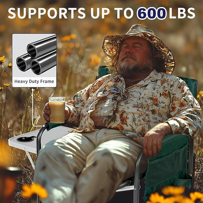 Slsy Oversized Heated Camping Chair, Portable Directors Chair with 3 Heat Levels, Heavy Duty Outdoor Heating Folding Chair Camp Chairs with Side Table, Pocket for Camping, Fishing, Picnic, Lawn