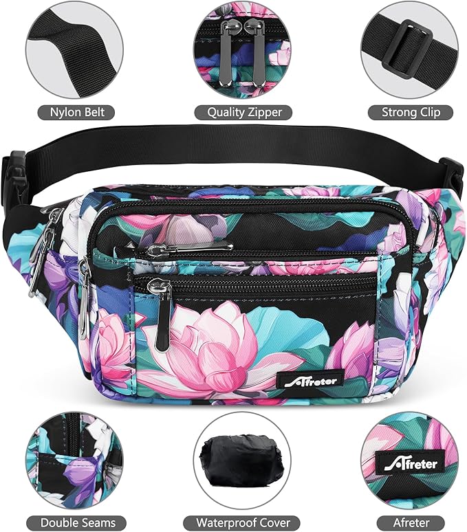Waist Pack Bag Fanny Pack for Men&Women Hip Bum Bag with Adjustable Strap for Outdoors Workout Traveling Casual Running Hiking Cycling (New Black Flowers-1)
