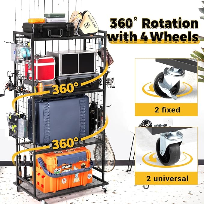 SOYEEZE Fishing Rod Holders for Garage, 4 Tier Adjustable Fishing Pole Holders Up to 12 Rods, Fishing Rod Rack with Lockable Wheels for Large Tackle Box Storage and Fishing Equipment Organization