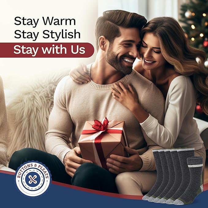 Buttons & Pleats Wool Socks for Men & Women Merino Thermal Warm Cozy Winter Boot Sock