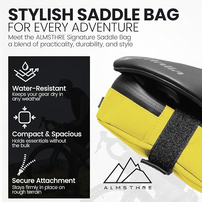 ALMSTHRE Signature Bike Saddle Bag – Electric Yellow | 0.5L Bike Seat Bag (3" x 5.25" x 2") | Water-Resistant Ripstop, Waterproof Zipper, Internal Pocket | Durable Under Seat Storage