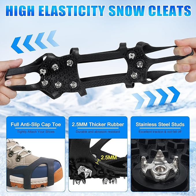 Crampons Ice Cleats for Shoes and Boots Snow Traction Cleats for Walking on Snow and Ice 9 Point Cleats Non-Slip Grippers Overshoe Silicone Stretch Footwear for Winter Hiking Climbing Ice Fishing