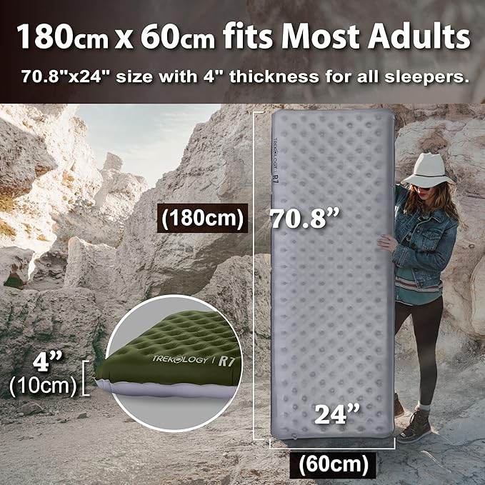 TREKOLOGY Sleeping Pad for Camping– Ultra-Lightweight, 4" Thick Camping Mat with 7.2 R-Value for All Seasons– Compact, Durable & Waterproof–Ideal for Backpacking, Hiking, and Outdoor Adventures UL R7