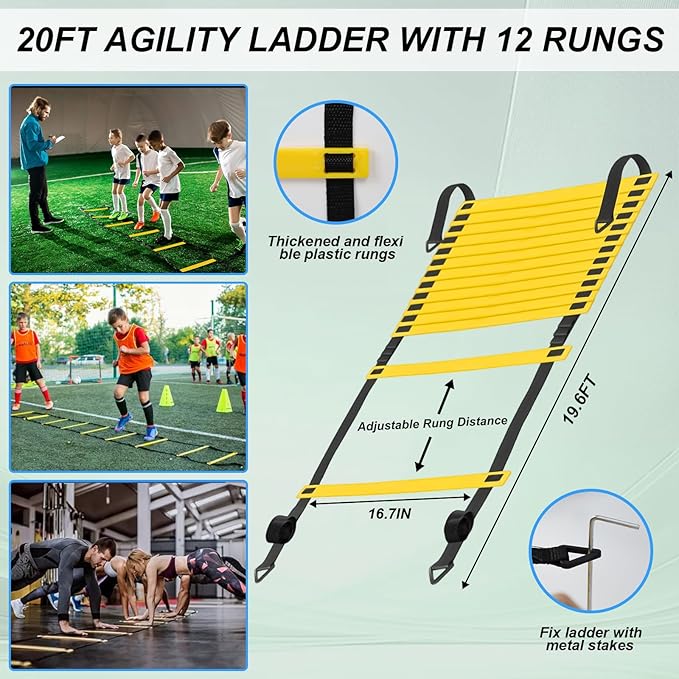 Speed Agility Training Equipment Set, Agility Ladder 20ft, 12 Football Cones, Resistance Parachute/Soccer Kick Trainer, Jump Rope, 5 Resistance Bands, Football Practice Equipment for Kids Adults
