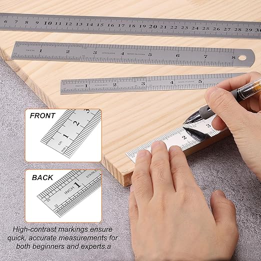 HARFINGTON 3 Pcs Steel Ruler 8" x1-1/32 Machinist Metal Ruler Carbon Steel Metric Straight Edge Measuring Tools 0.3mm Thick for Engineering Architect Drawing Home Office