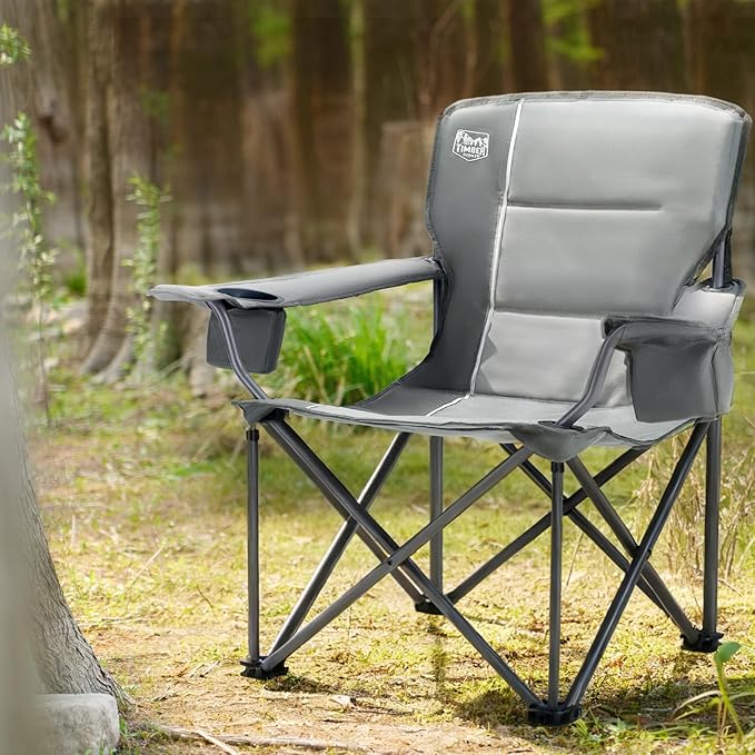 TIMBER RIDGE Oversized Folding Camping Chair for Adults, Support 550 LBS Heavy Duty with Cup Holder Side Pocket for Camping, Lawn, Picnic, 2 Pack(Grey)