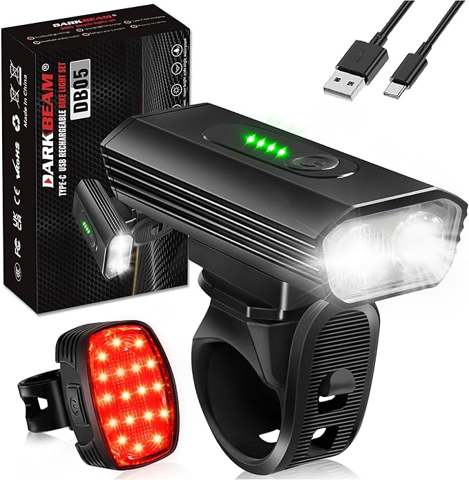DARKBEAM Bike Headlight Rechargeable USB-C, Bicycle Lights 4000LM Ultra Bright, Mountain Bike Light Set for Night Riding, 6+5 Mode Waterproof Front Bike Light & Rear Light for Road, Cycling