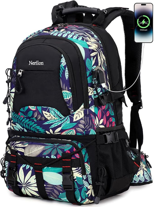 Nerlion 40L Hiking Backpack Travel Backpack for Men Women Camping Waterproof Outdoor Hiking Daypack Lightweight Backpack (Blue Leaves)