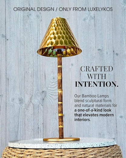 Bamboo Cordless LED Table Lamp – Rechargeable 24-Hour Battery, Dimmable Warm Light, 15" Portable Wireless Lamp with Remote for Indoor/Outdoor Use, Home, Patio, Restaurant – Textured Gold