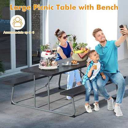 Tangkula 6 Ft Folding Picnic Table, Outdoor 8 Person Large Picnic Table Set with 2 Built-in Benches, Umbrella Hole, Metal Frame & HDPE Tabletop for Garden, Backyard (Black)