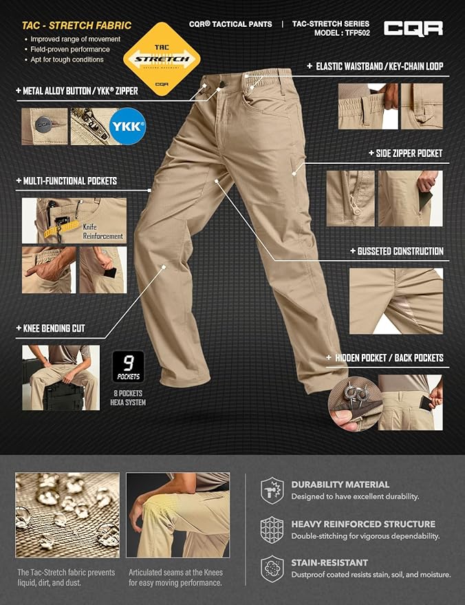 CQR Men's Flex Stretch Tactical Pants, Water Resistant Ripstop Cargo Pants, Lightweight EDC Outdoor Work Hiking Pants