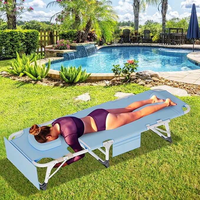 LILYPELLE Folding Chaise Lounge Chair with Mattress, 5 Position Beach Chair with Face Hole, Patio Chaise Lounge Chair for Outside, Sunbathing, Camping, Pool, Beach, Poolside