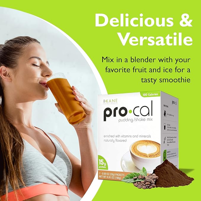 R-Kane Nutritionals Pro-Cal Pudding/Shake Mix, Low Calorie Protein Shake Powder, Meal Replacement Shakes, Mocha-Flavored Boost Drink, 15g Protein, 7 Packets per Box