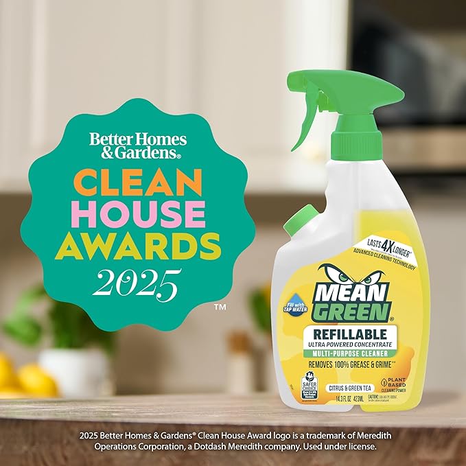 Mean Green Refillable Ultra Powered Multi-Purpose Cleaner Concentrate, Citrus & Green Tea, 14.3 fl oz (2-Pack) – Plant & Mineral Based, Cuts Through Grease & Grime, Refillable Bottle Makes 4X Refills